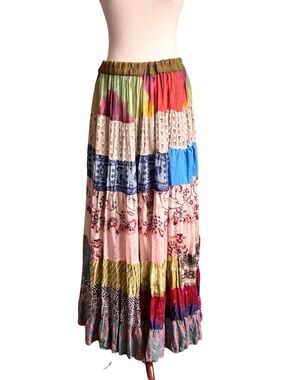 Vintage Silk Tangibles Patchwork Multi-Color Tiered Maxi Skirt M Boho Ren Fair
